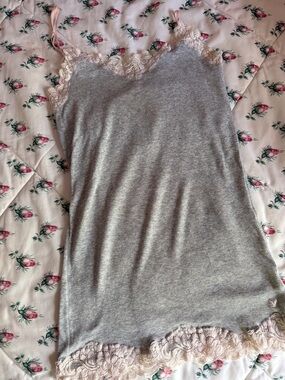 American Eagle Outfitters Gray Tank with Cream Lace Trim